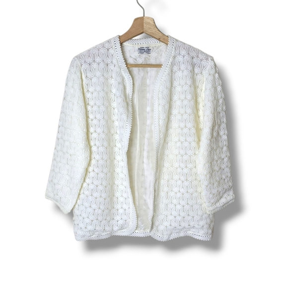 Vintage 60s Vienna Lace Open Front Cardigan S Ivory Acrylic Made In Japan - Picture 1 of 7